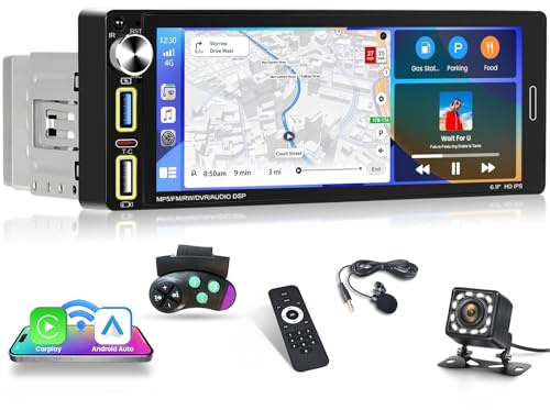 Fuluku 1 Din Autoradio con Wireless Carplay Android Auto, 6.9 Pollici HD Touch Screen Radio con Bluetooth/USB/FM/RDS/EQ/Mirror Link/Telecamera di Retromarcia/SWC/MIC