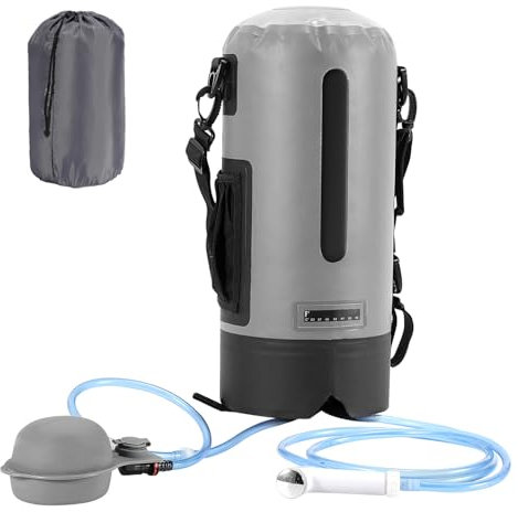 Ansobea Campingdusche Tragbare, 12L Camping Dusche mit druckfußpumpe, temperaturanzeige, Tragbare dusche für Camping mit Aufbewahrungstasche und Schulterriemen, Geeignet für draußen