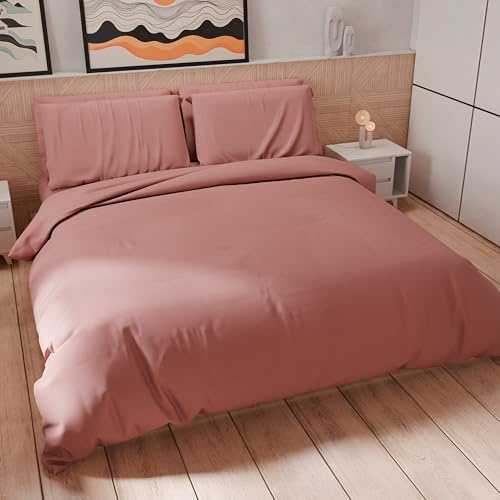 PETTI Artigiani Italiani - Double Duvet Cover Set 200 x 200 cm (2 Pillowcases 75 x 50 cm Included), Soft Microfibre Duvet Cover Set, Solid Colour Dark Powder