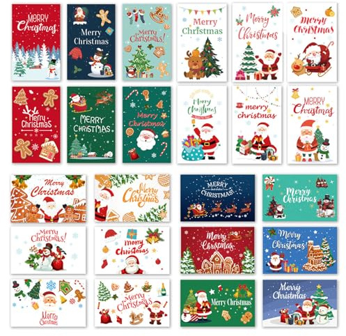 Rainway 24 Stück Weihnachtskarten Set mit Umschlag Aufkleber, Frohe Weihnachtskarten, Bunte Weihnachten Grußkarten, Weihnachts Klappkarten, Postkarten für Weihnachten und Neujahr