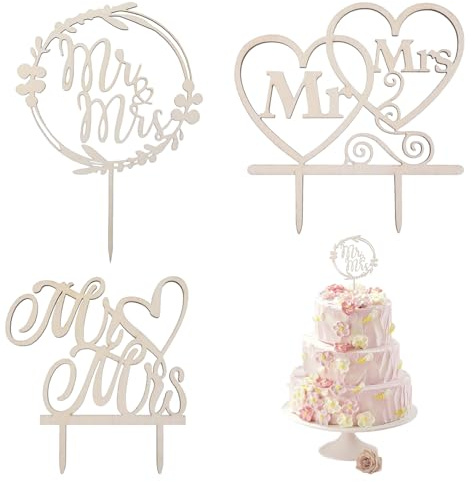 KLINNA 3 Stück Tortenstecker für Hochzeit, Tortenstecker Hochzeit, Mr & Mrs Deko Hochzeitstorte aus Echtem Holz, Eleganter Cake Topper als Kuchendeko für Verlobung & Antrag