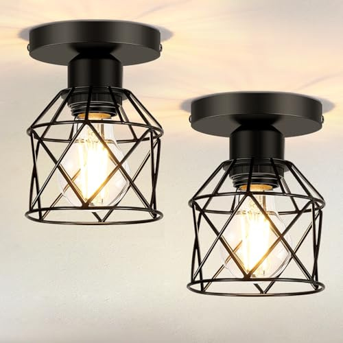 Mlihove Deckenleuchte Schwarz 2 Stücke Modern Deckenlampe Industrial E27-Fassung Metallkäfig Lampenschirm Hängelampe Vintage für Küche, Flur, Balkon, Bar und Speisesaal Ø 11cm