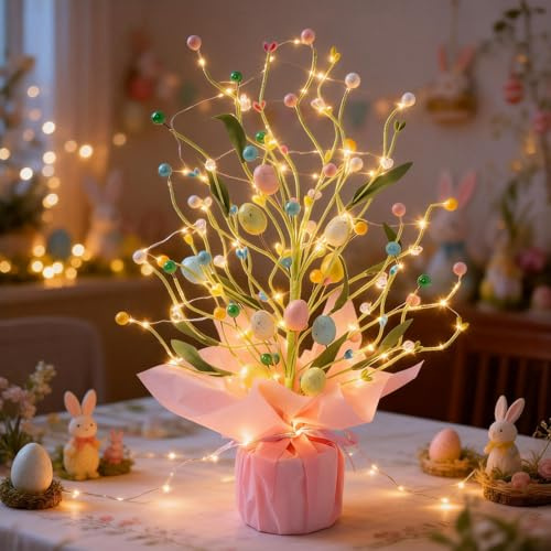 Osterdeko Baum Lampe mit Ostereier, 42cm LED Osterbaum Licht mit Lichterketten Batteriebetrieben, Ostern Lichterbaum für Innen Zimmer Wohnzimmer Schlafzimmer Deko, Frühlingsdeko Oster Leuchtbaum (C)