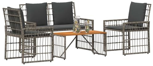 vidaXL Gartenmöbel Set 4 pcs Schwarz und Dunkelgrau, Garten und Terrasse, Rustikaler Außenstil, Wetterbeständiges Lounge-Set, Poly-Rattan-Sitzgelegenheiten, Akazienholz-Tisch, Langlebiges Design
