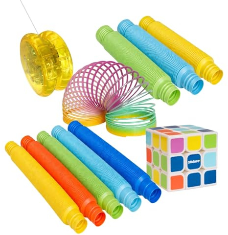 alldoro 68771 Fidget Toy Set 11-teilig mit Treppenläufer, Zauberwürfel, LED-JoJo & Pop-Tubes, Fidget Toy Klassiker ab 4 Jahre