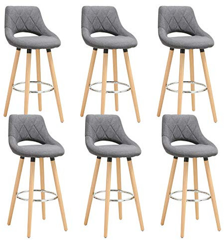 WOLTU Tabouret Bar, Lot de 6, Chaise Haute Bar, Tabouret Haut avec Dossier et Repose-Pieds, Cadre en Bois, Siège en Lin, Gris foncé, BH111dgr-6