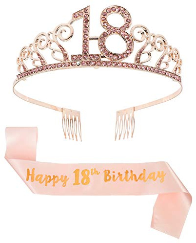 You&Lemon Rose Gold Happy 18th Birthday Sash and Tiara Rhinestone Crown Headband for Gift Party Accessories Decoration Girls Women