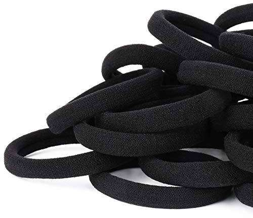 50PCS Black Hair Ties for Women, Cotton Seamless Hair Bands, Elastic Ponytail Holders, No Damage for Thick Hair, 2 Inch in Diameter, by Qarwayoc