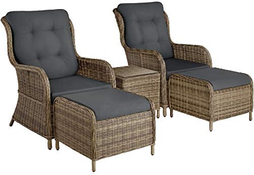 tectake® 2X Premium Rattan Sessel mit Hocker und Tisch, Relaxsessel für Garten, Terrasse und Balkon, Lounge Gartenmöbel Set wetterfest, variabel, Gartenstühle, Lesesessel und Sonnenliege - Natur