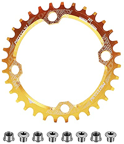 QIAMNI 104 BCD 32T 34T 36T 38T schmaler breiter einzelner Kettenring mit 4 Stück Zahnkranzschrauben für Rennräder, Mountainbikes, BMX, MTB Bike (Gold, 38T)