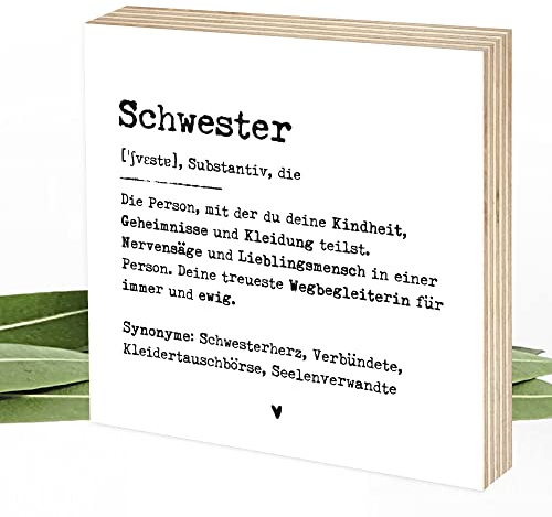 Wunderpixel® Holzbild Definition Schwester - 15x15x2cm zum Hinstellen/Aufhängen, echter Fotodruck mit Spruch auf Holz - schwarz-weißes Wand-Bild Aufsteller Zuhause Büro zur Dekoration Geschenk-Idee