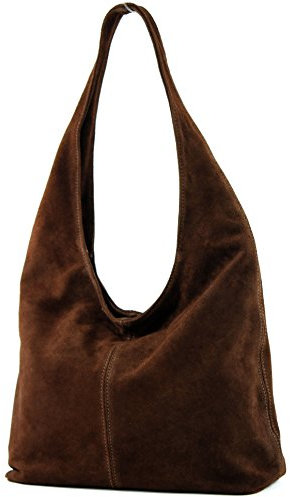 modamoda de T150 Damen Schultertasche Shopper Large aus Wildleder handmade in Italy, Farbe:Schokoladenbraun