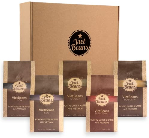 VietBeans Kaffeebohnen Probierset - Fünf spannende Kaffeesorten für Kaffeeliebhaber - Geschenkset - 5 x 250g Exklusive Kaffeespezialitäten – Kaffeegeschenk (Großes Geschenkset ganze Bohne)