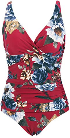 Laorchid, costume da bagno intero con scollo a V, costume da bagno da donna, costume da bagno a vita alta, Rosso con fiori, 52