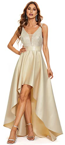 Ever-Pretty Vestito da Ballo Scollo a V Maniche Corte Linea ad A Corto Davanti Lungo Dietro da Donna Oro Rosa 46