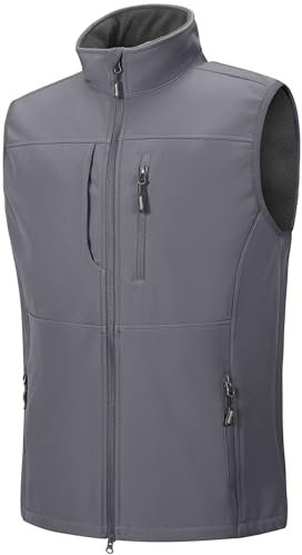 Outdoor Ventures Men's Softshell Gilets Windproof Lightweight Vest Outerwear with 7 Pockets, Warm Fleece-Lined Sleeveless Jacket for for Golf Running Hiking Light Grey L