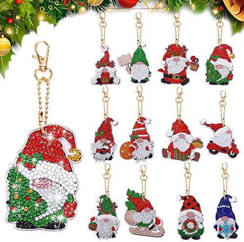 LYLIDIA 5D Diamond Painting Weihnachten Anhänger 12 Set Weihnachtsmann Diamond Painting Schlüsselanhänger Doppelseitige Weihnachten Wichtel Diamant Malerei DIY Kit Weihnachtsbaum Deko