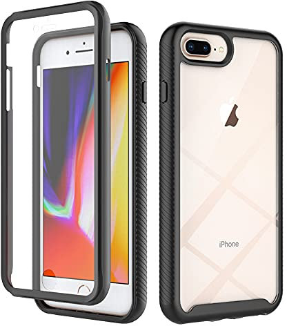 for iPhone 8 Plus / 7Plus / 6S Plus / 6 Plus Case with Built-in Screen Protector, 360 Full Body Protective Cover Heavy Duty Anti-Scratch Shockproof Slim Silicone Bumper Clear Phone Case, Black