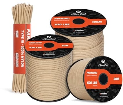Abma Cord Paracord 4mm 30m 100% Nylon Rope 9 Strands Type III Parachute Cord for DIY, Camping, Survival, Outdoor - Max. 280kg - Khaki