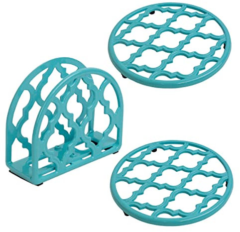 Cast Iron Kitchen Pantry Ware Bundle (3-Piece Set) Turquoise | Includes Napkin Holder, 2 Trivets for Hot Pots and Pans | Lattice Collection | by Home Basics