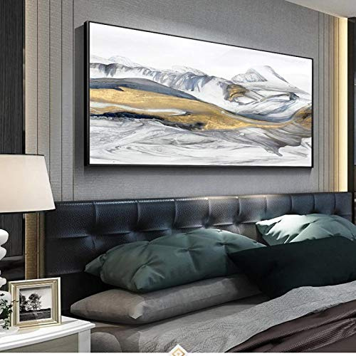 Jianghu Art Großes Wandbild Abstrakte Goldene Berge Leinwand Gemälde Moderne Landschaft Poster und Drucke Rahmen Poster Wandkunst Bild 70x140cm/(28x55inch) mit schwarzem Rahmen