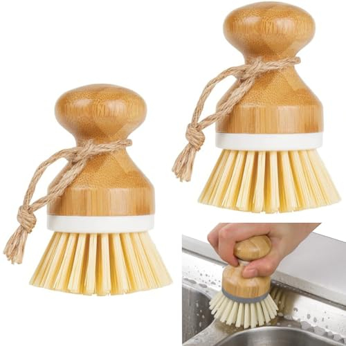 2 PCS Brosse à Vaisselle, Brosses de Nettoyage Poils Naturels, Brosse à Paume en Bambou pour Nettoyage des Vaisselle Casseroles Plates Éviers de Cuisine