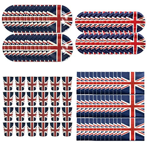 Union Jack Paper Plates, Bowls, Cups & Napkins - 108 Piece Set