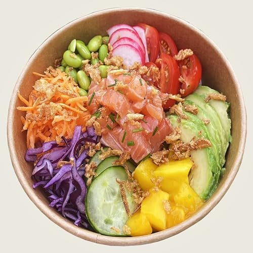 bol salade à emporter 50 bols carton kraft 750 ml diamètre 14 cm hauteur 6 cm x 50 pièces + 50 couvercles vente à emporter restauration rapide poke bowl saladier