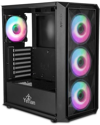 YEYIAN Caja PC Gamer Lancer ARGB Torre Mediana | Placas ATX Micro ATX Mini ITX | Frontal Malla | Panel Lateral Cristal Templado Transparente | 4 Ventiladores PWM 3 Delanteros 1 Trasero 120mm 1600 RPM