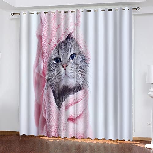 Gardinen Rosa Graue Katze Vorhänge Thermovorhang Verdunkelungsvorhang Vorhang Blickdicht für Wohnzimmer Schlafzimmer Kinderzimmer Gardinen mit ösen 2 Stücke Curtains(2x75x166cm)