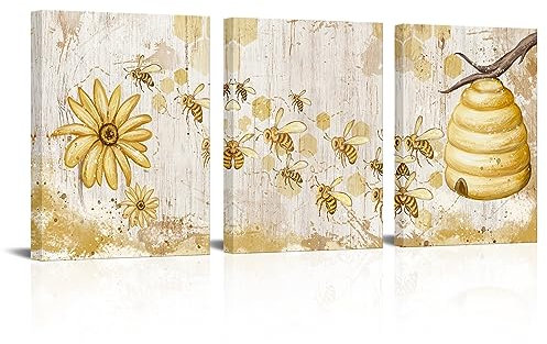 FuShvre Leinwandbild, Motiv: Biene, Biene, Blume, Gänseblümchen, Kunstwerk, für Küche, Famrhouse, Dekoration, gerahmt, je 30,5 x 40,6 cm, klein, weiß