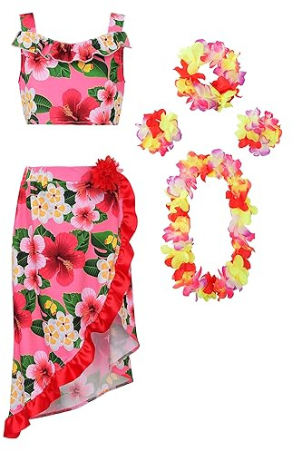 ReliBeauty Gonna Vestito Costume Hawaiana Bambina con Collana Hawaiana Fiori