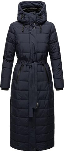 Navahoo Damen Wintermantel Warmer Steppmantel lang mit Kapuze und Taillengürtel Das Teil XIV Navy Gr. S