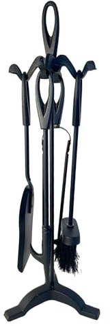 Kaminbesteck aus Metall, mattschwarz, mit Drehgriff, 5-teilig, inkl. Ständer, Bürste, Zange, Schürhaken und Schaufel, 47 cm hoch, Holzofen-Set, Kaminwerkzeuge, Zubehör