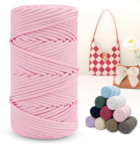 LEREATI Polyester Garn 150m Makramee Garn 4mm Geflochten Polyester-Seil Farbig Häkelgarn, Polyester Macrame Cord 4mm für Häkeltasche Umhängetasche Handtasche Geschenk Strickwaren (Helles Rosa)