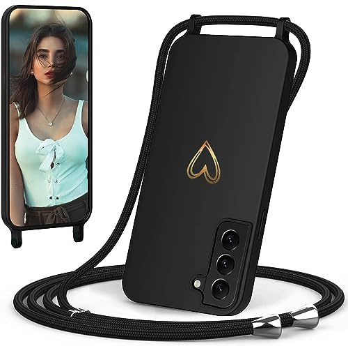 CaseLover Handyband für Samsung Galaxy S23 FE 5G Hülle mit Band, Schwarz | Herz Muster, Silikon Necklace Handyhülle mit Abnehmbar Kordel zum Umhängen, Stossfest Bumper Handy Schutzhülle Case