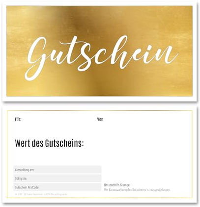 Frank Paperman® | 5x Geschenk Gutschein blanko für Kunden mit funkelnder Goldprägung | Gutscheine zum selber Ausfüllen | Gutschein Vordruck im Format DIN Lang Plus
