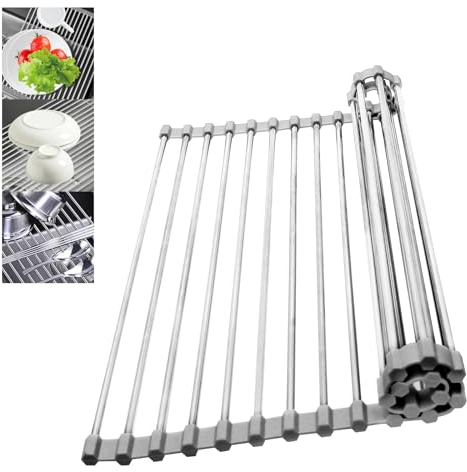 lttorjf Scolapiatti da Appoggio per Pieghevole, Scolapiatti Grigio a Rimovibile da Cucina in Acciaio inox, Scolapiatti Lavandino Cucina per Essiccare Frutta, Verdura, Piatti e Tazze -Verdura-Grigio