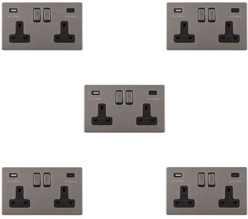 5 PACK 2 Gang Double 13A UK Plug Socket & 2x 3.1A USB-C SCREWLESS BLACK NICKEL - Mains Phone & Tablet Charger Outlet
