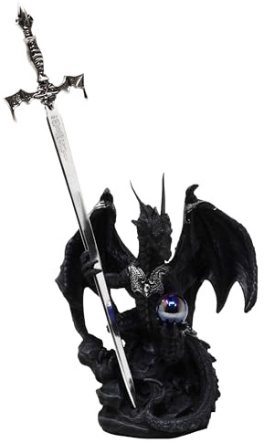 Drache schwarz mit Brieföffner - Drache Fantasy Brief Figur