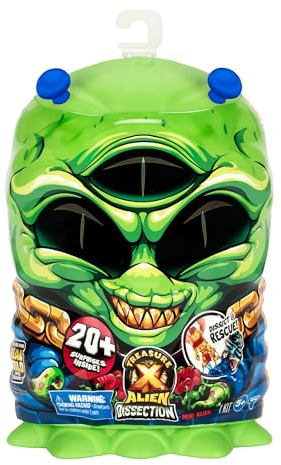Treasure X Dissektion von Mini Alien. Sezieren Sie den 20 cm großen Miniatur-Alien, um mehr als 20 versteckte Überraschungen im Inneren zu entdecken. 3 Mini-Aliens sind zum Sezieren und Sammeln