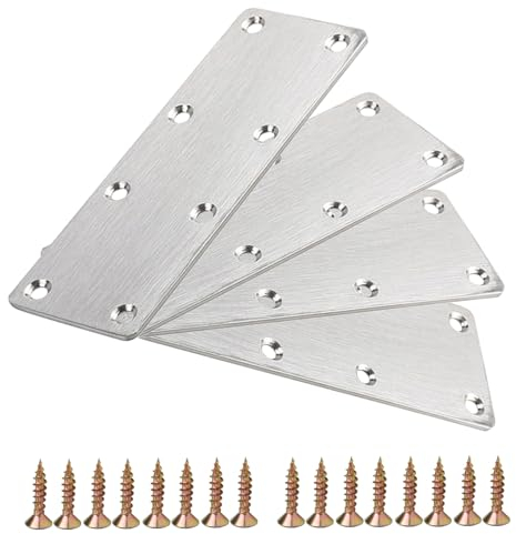 4 placas de reparación planas con tornillos, 140 x 50 x 2 mm, soportes de conector de unión de acero inoxidable, 8 agujeros para estantes de muebles de madera y metal