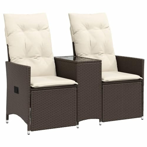 vidaXL Gartensofa, Sofa 2-Sitzer mit Tisch Verstellbare Rückenlehne, Lounge Sitzgruppe für Garten Terrasse, Gartenbank Gartenmöbel, Braun Poly Rattan