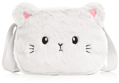 Aoreun Kinder Umhängetasche Mädchen, Verstellbare Umhängetasche Katze Plüsch Kindertasche Mädchen Handtasche, Kinder umhängetasche mädchen Handtasche, Kleine Schultertasche Geldbeutel - Weiß