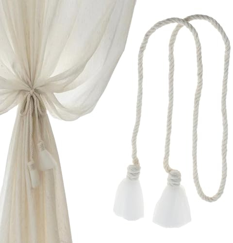 Hicello 1 Paar Vorhang-Raffhalter, einfache Voile-Quaste, Vorhang-Raffhalter | Beigefarbener Vorhang, Baumwollseil mit weißer Spitze, Tüll-Anhänger, dekorativer Raffhalter