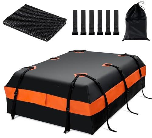 HOMFME 15/21 Cubic Feet Car Roof Bag, Waterproof PVC Rooftop Cargo Carrier Box with Non-Slip Mat, Door Hooks and Straps, Roofing Luggage Storage Bag (21 Cubic Ft/594L, No Lock, Black+Orange)