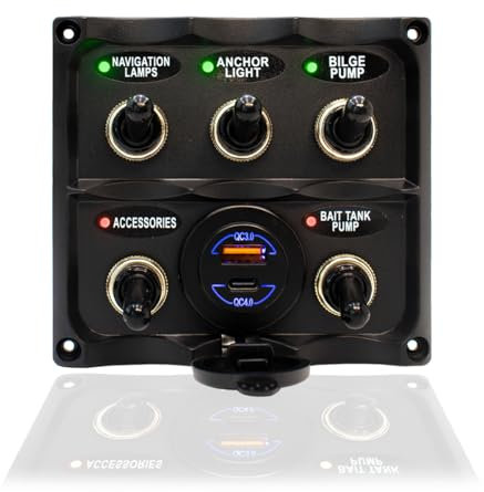 Pannello interruttori a bilanciere impermeabile IP67 - 5 vie - con caricatore doppio USB 60W - 12/24V - per barca, barca a vela, yacht, annesso, jetski | BAYWATT (TSP5WU)