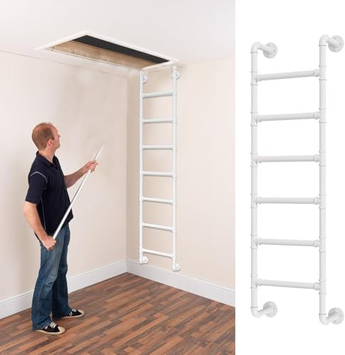 Wall Mounted Metal Step Ladder for Home Loft, Egress Basement Ladders 3-8 Rung Height Entrance Egress Ladder for Attic Library Bunk Bed Warehouse RV Boat, White(155cm/61in)