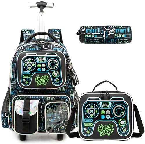 Egchescebo Kids Rolling Backpack for Boys Gamepad Suitcases Trolley Roller Luggage Backpacks on Wheels with Lunch Box Pencil Case for Elementary Multiple Function Pockets Travel school Bag Blue