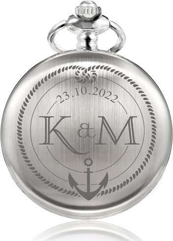 TREEWETO Taschenuhr mit Gravur, Personalisiertes Hochzeitsgeschenk, Geschenk für Paare mit Kompass & Knoten, Personalisiert mit Namen und Datum Silber